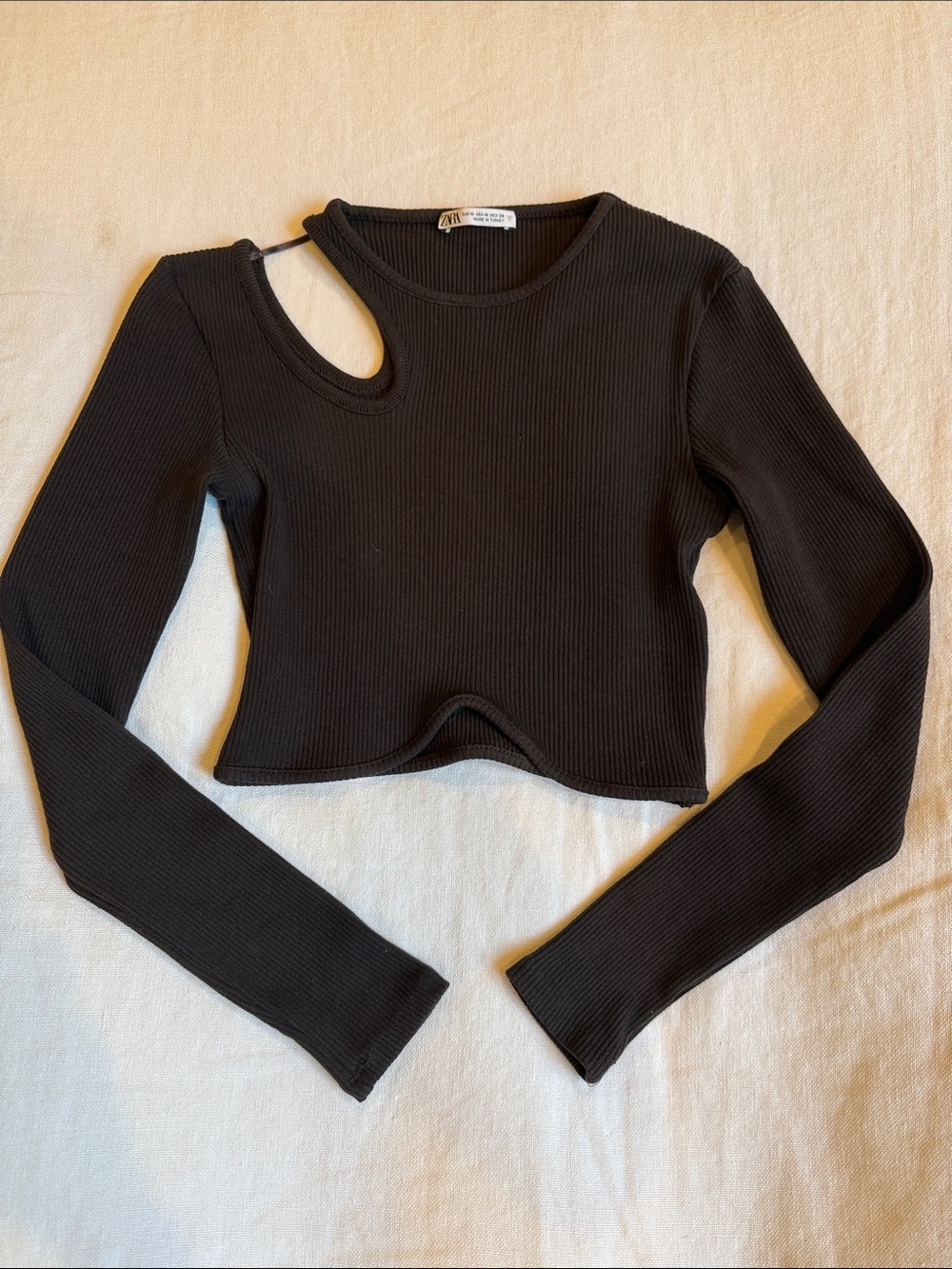 Zara Brown Ribbed One-Shoulder Cutout Crop Top